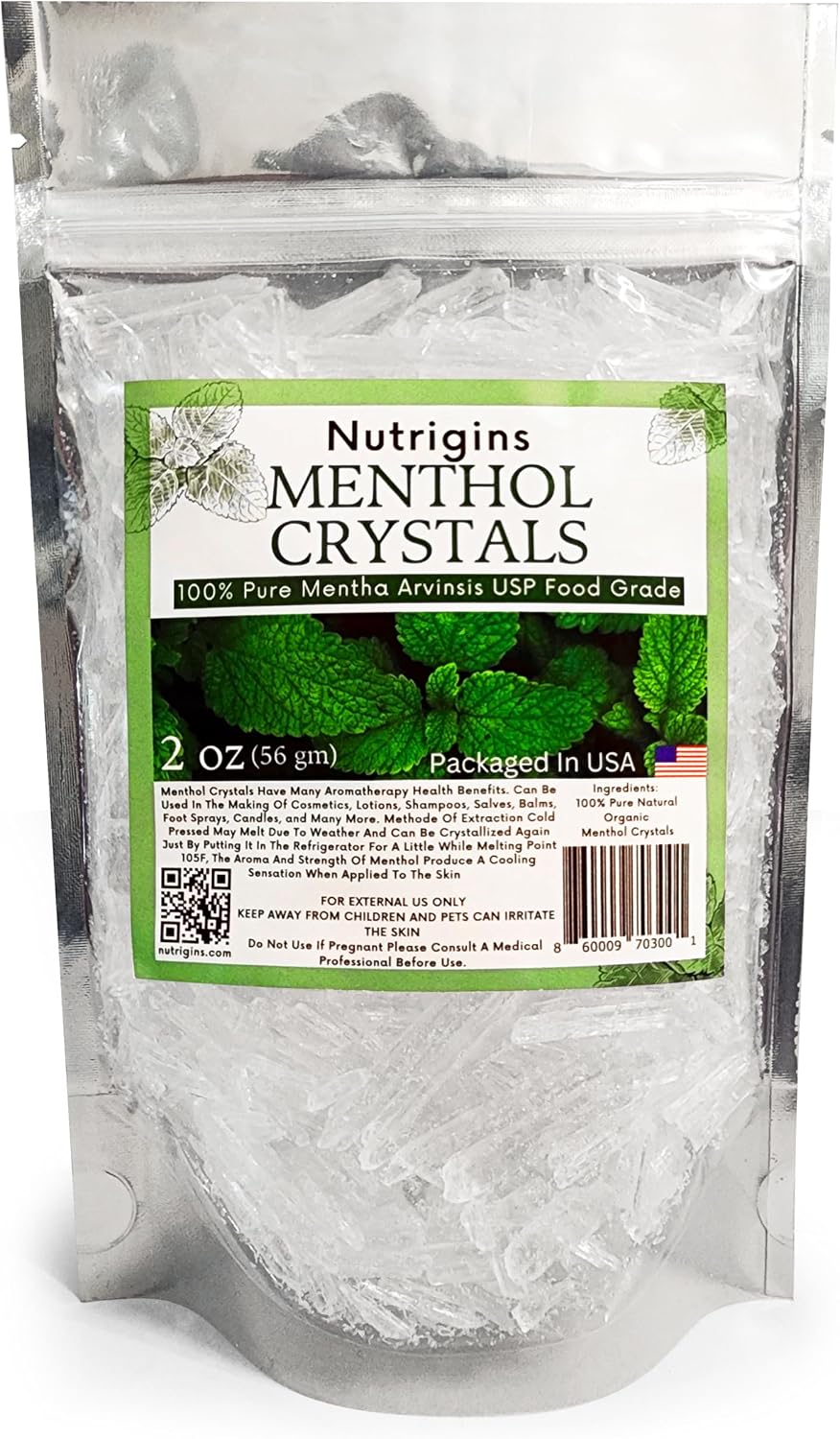 Nutrigins Menthol Crystals 2 oz - Pure Organic 100% Natural Menthol Crystals from Mint (Mentha Arvensis) - Resealable Stand-Up Pouch - görsel 1