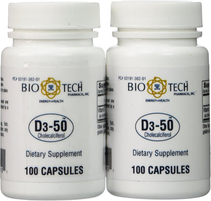 Bio-Tech D3-50 50,000 IU Vitamin D3 Supplement, 100 Capsules (Pack of 2)