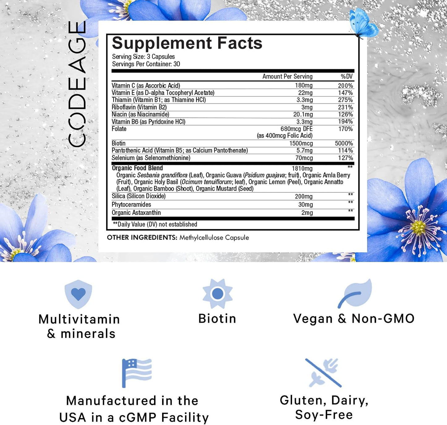 Codeage Beauty Tonic - Biotin Supplement with Vitamins C, E, B6 and Organic Food Blend - 90 Capsules - görsel 2