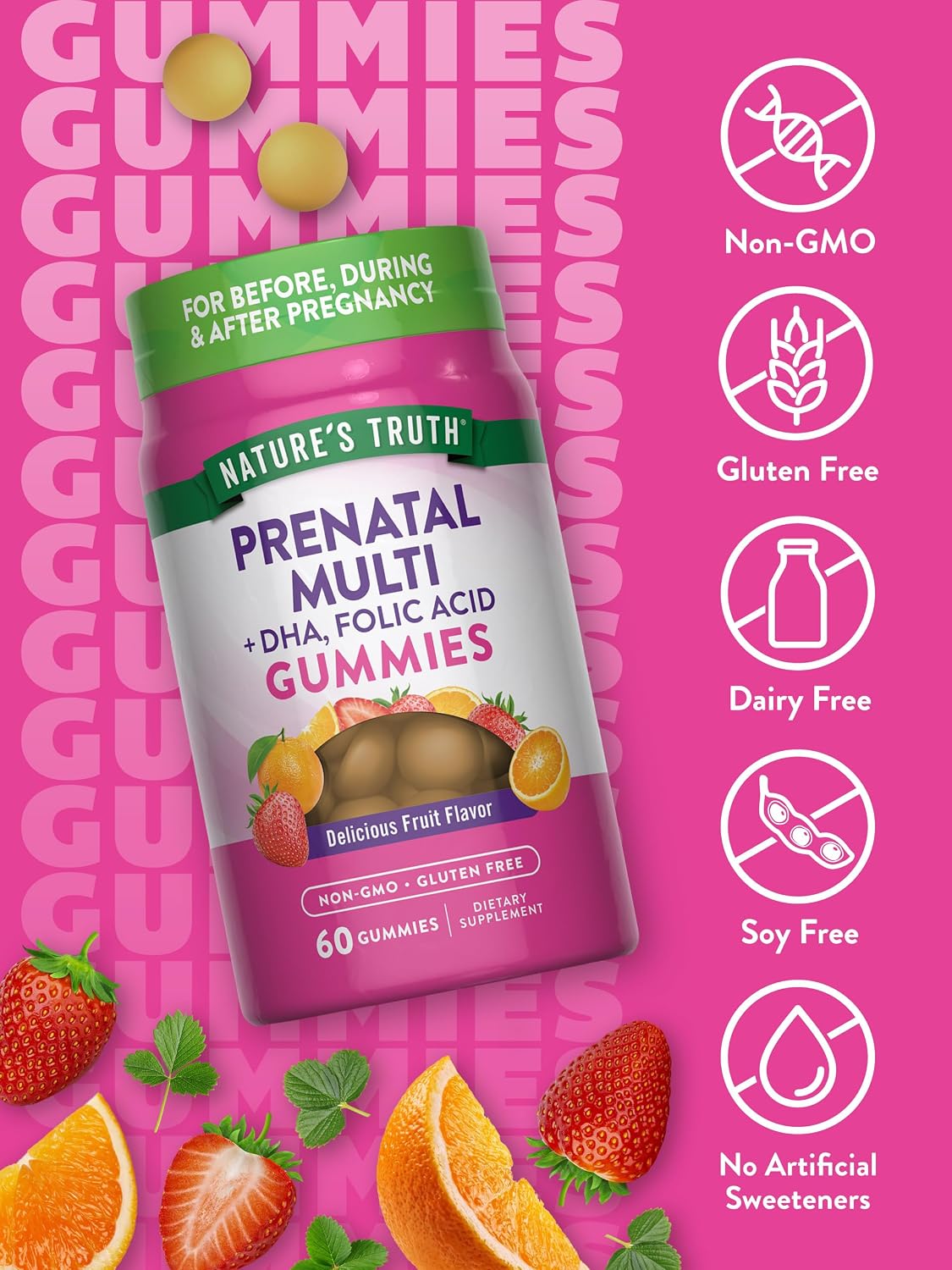 Nature's Truth Prenatal Multivitamin Gummies with DHA & Folic Acid - 60 Count - Fruit Flavour - Non-GMO & Gluten-free - görsel 3