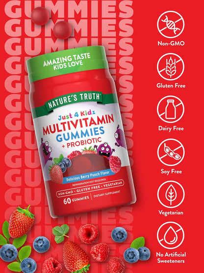 Nature's Truth Kids Multivitamin Gummies with Probiotics - 60 Gummies - Berry Punch Flavour