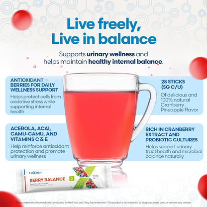 FuXion Berry Balance – Urinary Tract Support Drink | Probiotic & Antioxidant Blend | Mixed Berry | 28 Sticks