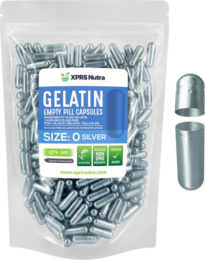 XPRS Nutra Size 0 Empty Gelatine Capsules – 500 Count for DIY Supplement Filling (Silver)