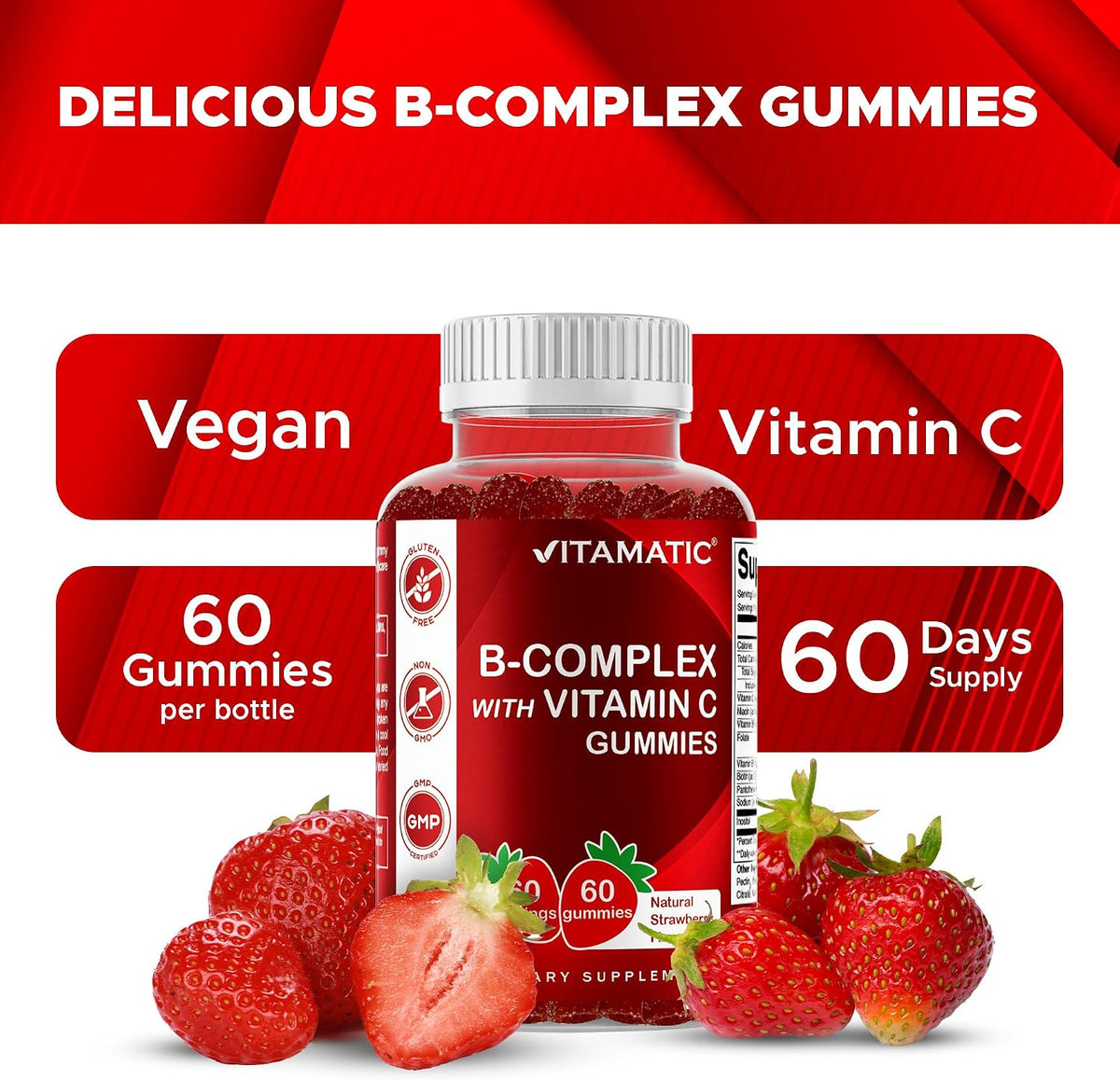 Vitamatic Vitamin B Complex Gummies with Vitamin C & Inositol - Natural Strawberry Flavour - 60 Gummies - görsel 4