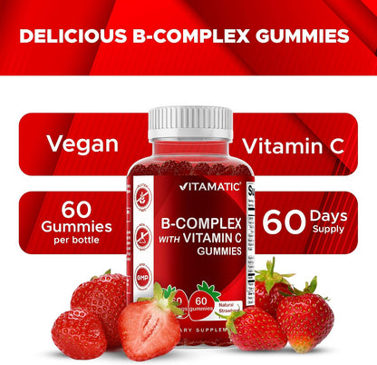 Vitamatic Vitamin B Complex Gummies with Vitamin C & Inositol - Natural Strawberry Flavour - 60 Gummies