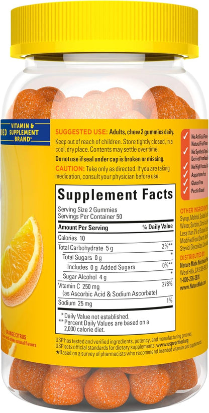 Nature Made Zero Sugar Vitamin C Gummies 250 mg, 100 Gummies (50-Day Supply)