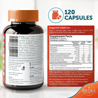 Brain Supplement - 120 Vegan Capsules - Nootropic for Memory, Cognitive Function and Focus - NextGenU