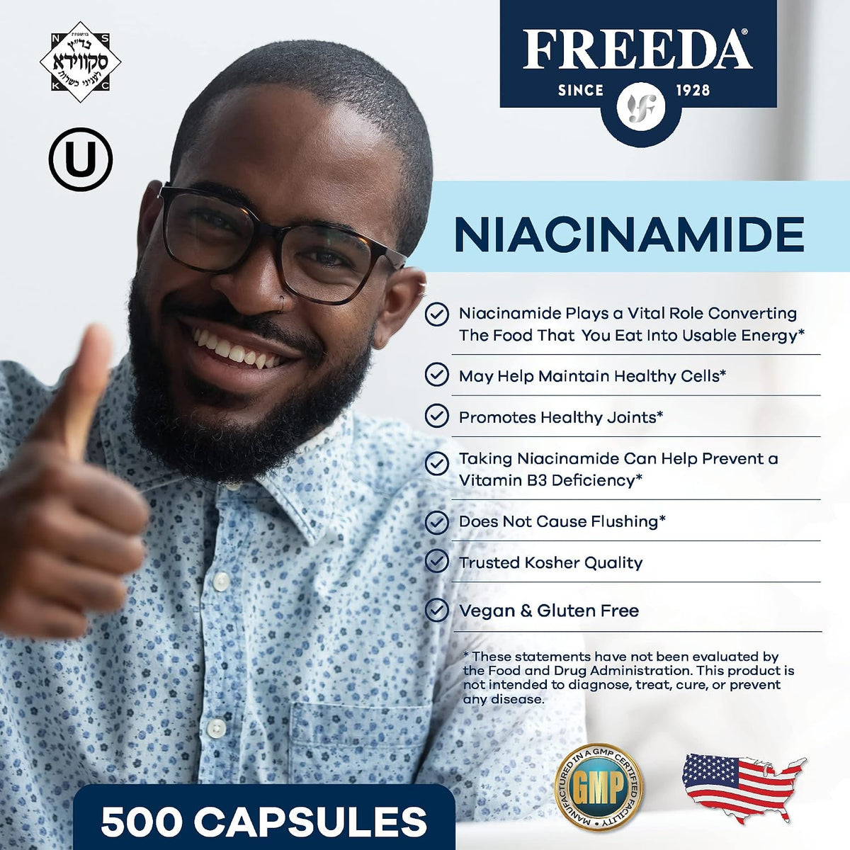 Freeda Niacinamide - Vitamin B3 250 mg, 500 Capsules (No Flush) - görsel 2