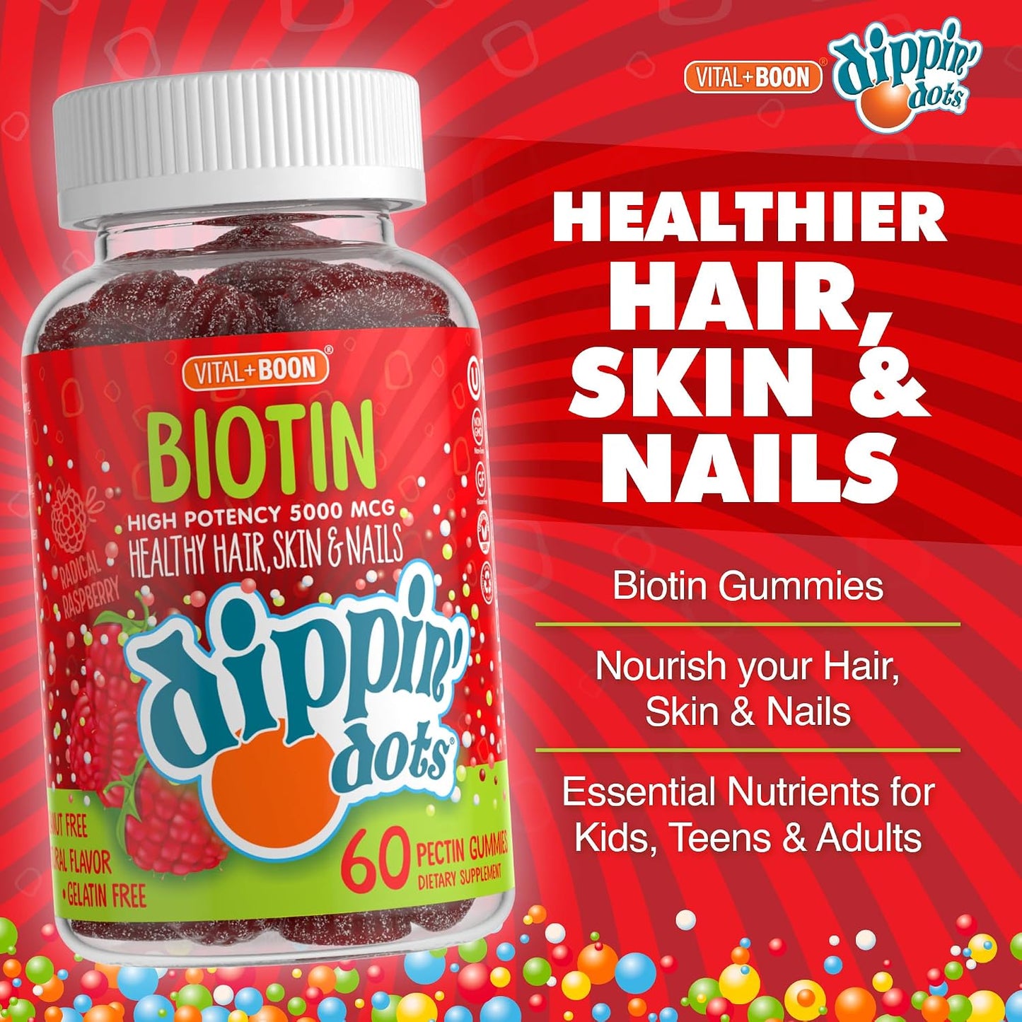 Vital+Boon Extra Strength Biotin 5000mcg Gummies – Hair, Skin & Nails – Very Berry Raspberry – Vegan & Non-GMO – 60 Count - görsel 2