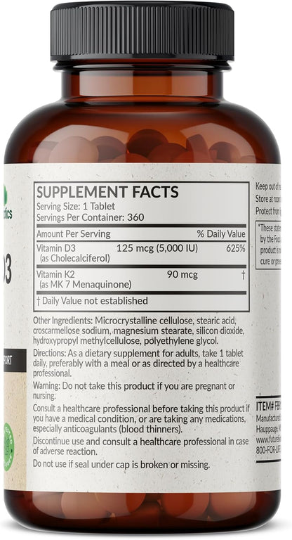 Futurebiotics Vitamin K2 with D3, 2 in 1 Support, 5000 IU Vitamin D3 & 90 mcg Vitamin K2 MK-7 Non-GMO, 360 Tablets