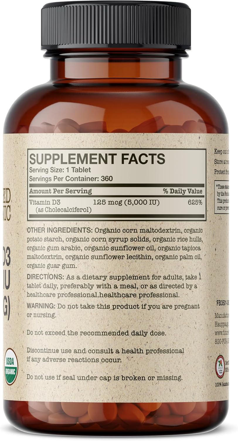 Futurebiotics Vitamin D3 5,000 IU (125 mcg), USDA Certified Organic Vitamin D Supplement, 360 Tablets - görsel 2