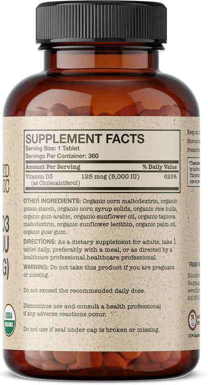 Futurebiotics Vitamin D3 5,000 IU (125 mcg), USDA Certified Organic Vitamin D Supplement, 360 Tablets