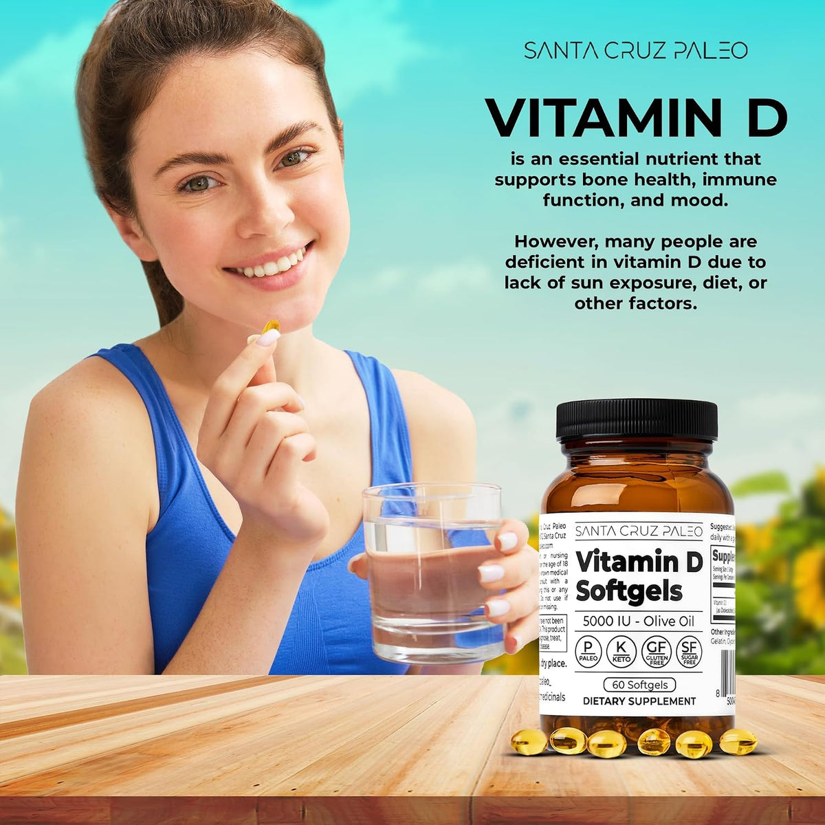 Santa Cruz Paleo Vitamin D3 5000 IU Softgels with Olive Oil, Supports Bone Health, Gluten-Free, Paleo, Keto - 60 Softgels - görsel 4