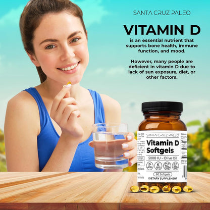 Santa Cruz Paleo Vitamin D3 5000 IU Softgels with Olive Oil, Supports Bone Health, Gluten-Free, Paleo, Keto - 60 Softgels