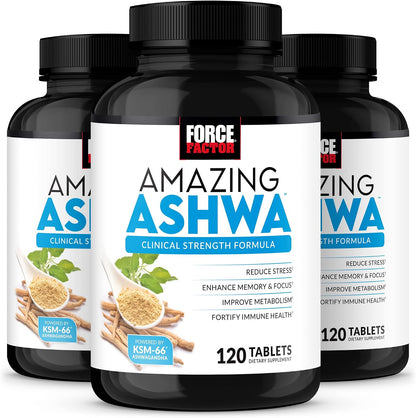 Force Factor Amazing Ashwa, KSM-66 Ashwagandha Supplement for Stress Support, Focus, Memory, Immune Support, With Vitamins, Minerals & Antioxidants, Cortisol Supplements for Women, 360 Tablets (3-Pack)