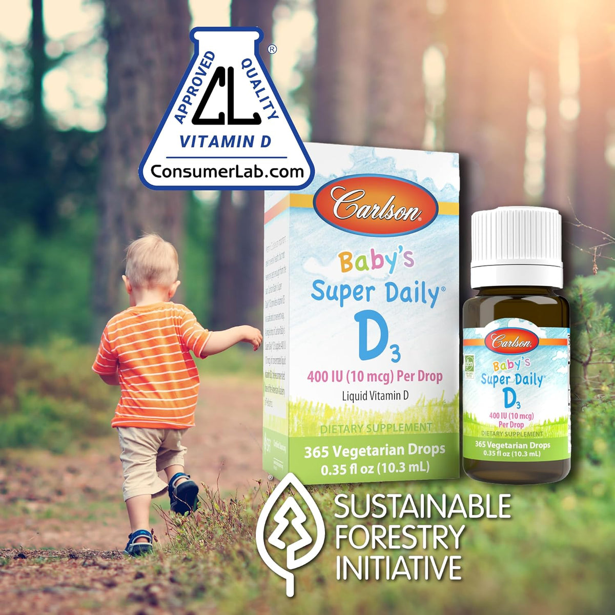 Carlson - Baby's Super Daily D3, Baby Vitamin D Drops, 400 IU (10 mcg) per Drop, 1-Year Supply, Vegetarian, Unflavoured, 365 Drops - görsel 4