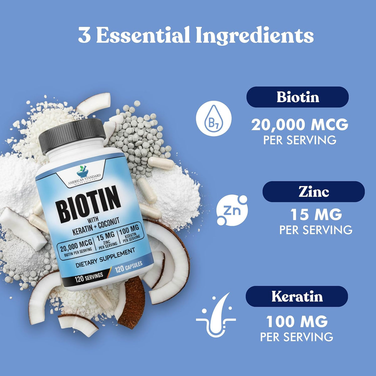 American Standard Supplements Biotin 20,000mcg with Keratin, Coconut & Zinc - 120 Veggie Capsules - görsel 4