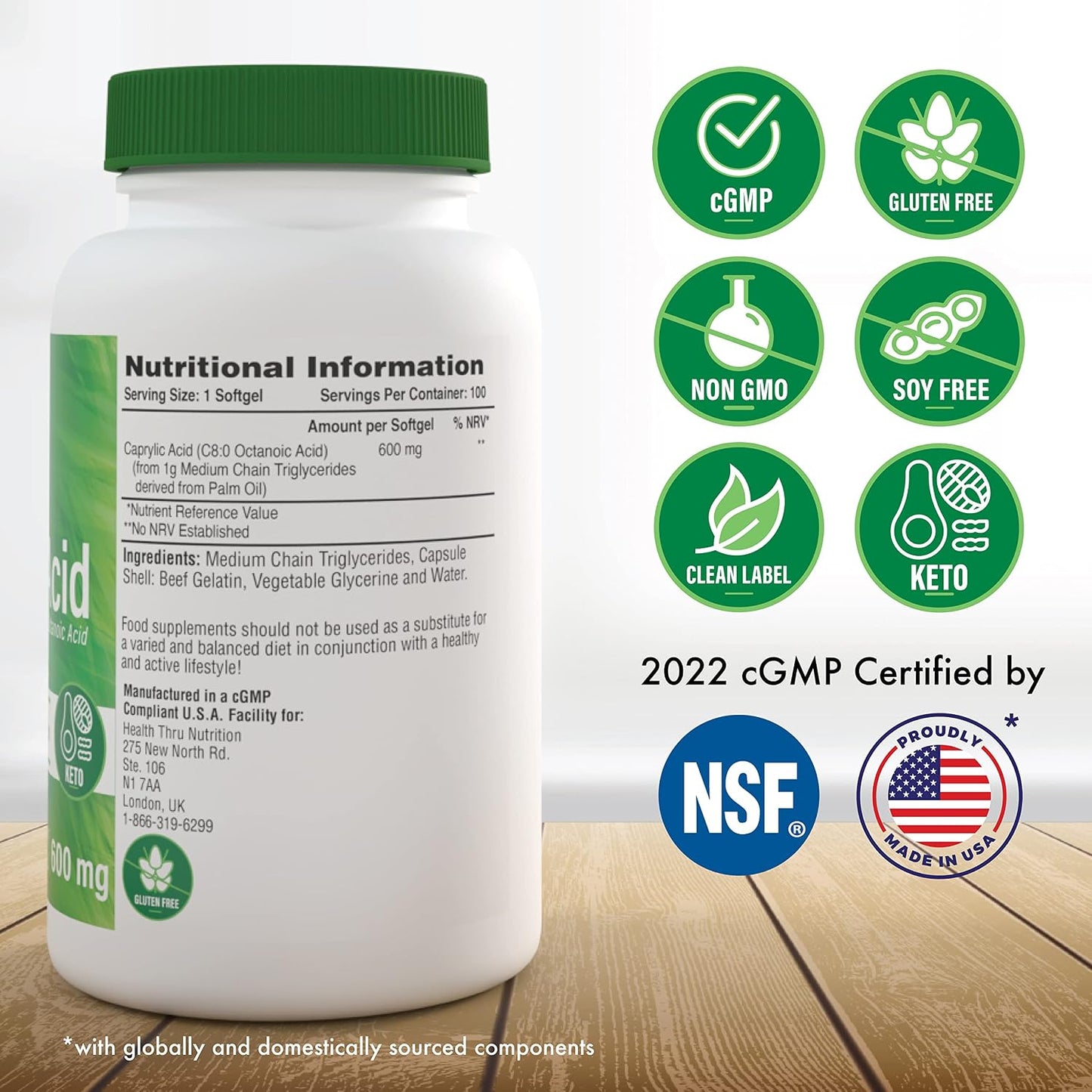 Health Thru Nutrition Caprylic Acid 600mg – 100 Softgels - görsel 2