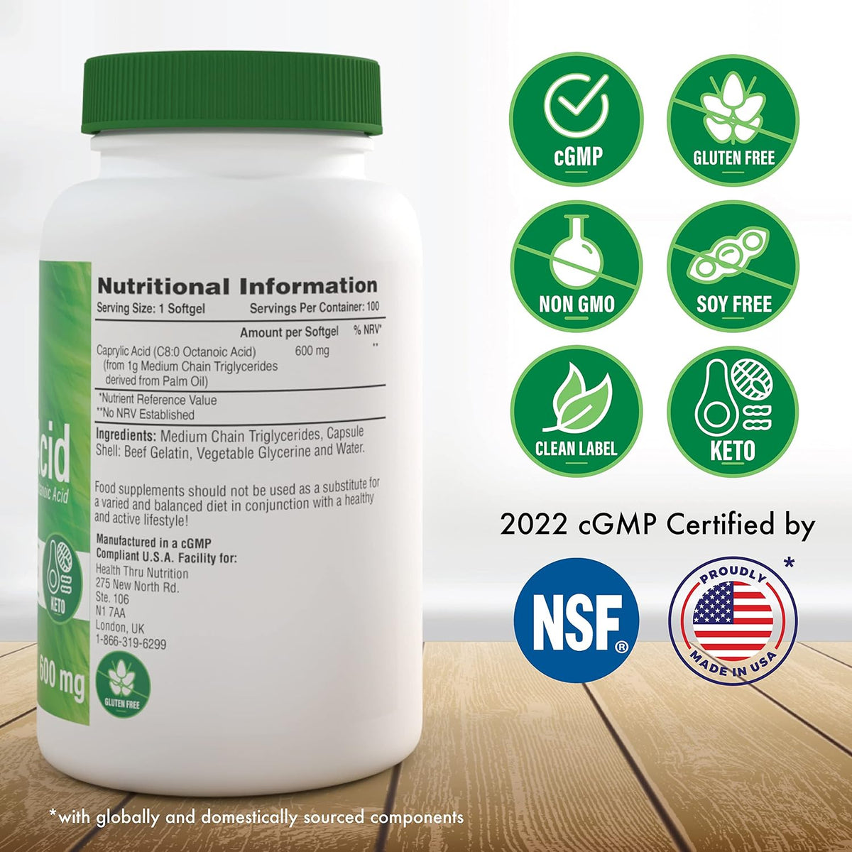 Health Thru Nutrition Caprylic Acid 600mg – 100 Softgels - görsel 2