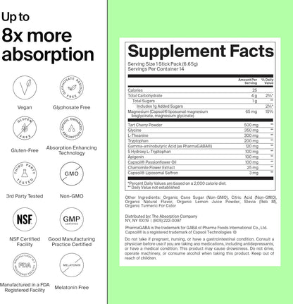 Sleep Aid Powder with Liposomal Saffron, Magnesium & PharmaGABA - Melatonin-Free Natural Supplement (Camomile Lemonade, 7 Sticks)