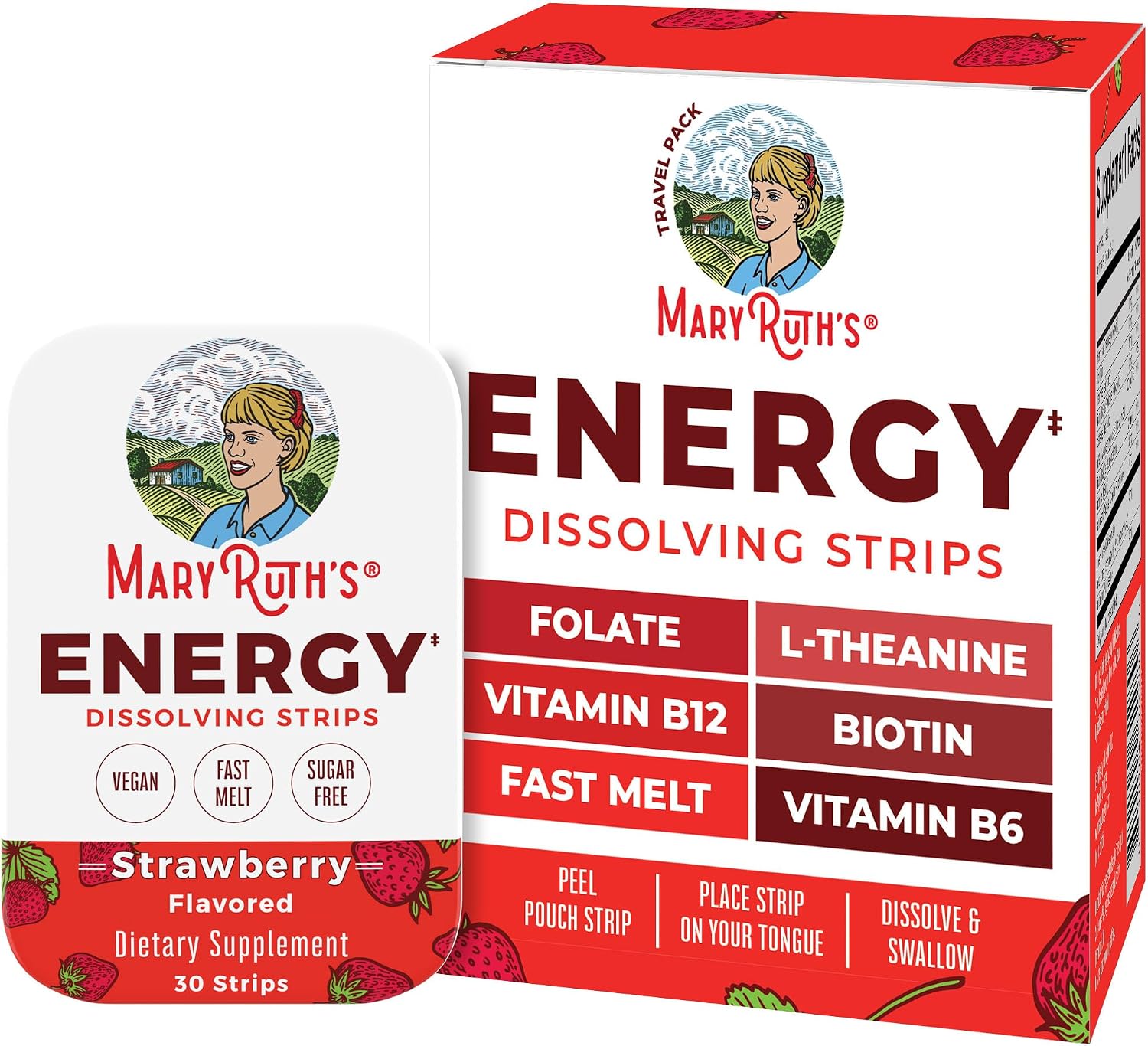 MaryRuth's Energy Dissolving Strips - B Vitamin Complex for Normal Energy Metabolism, Strawberry, 30 Strips - görsel 1