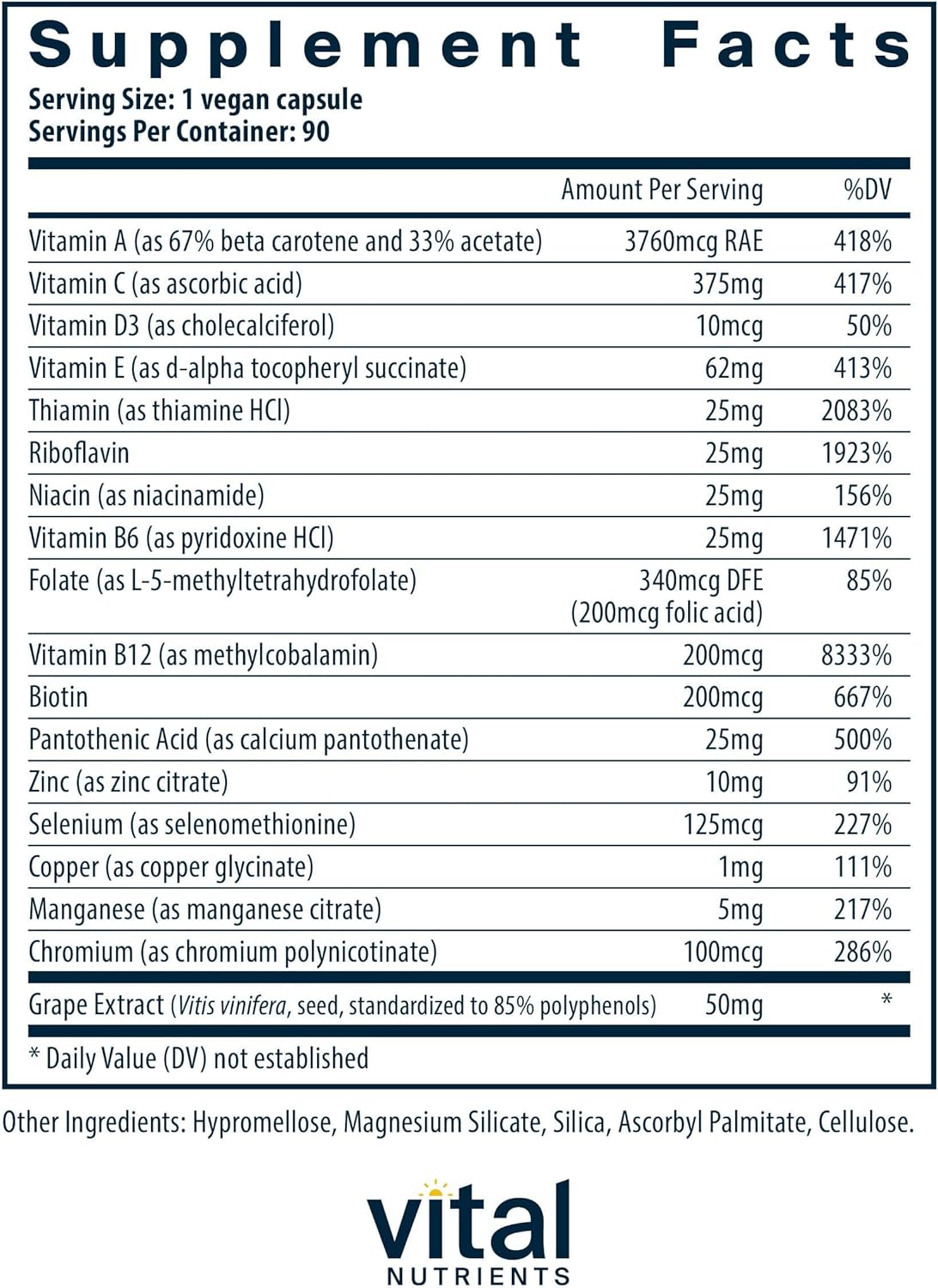 Vital Nutrients Minimal and Essential Multivitamin - One a Day - Iron-Free - 90 Capsules - görsel 2