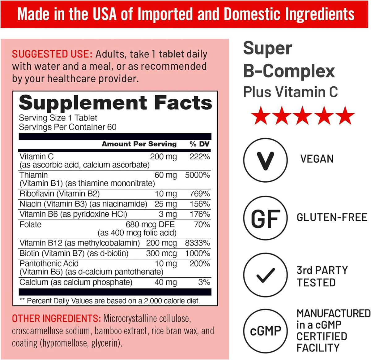 NatureWise Super Vitamin B Complex - with Vitamin C, Folic Acid, Biotin, B1, B2, B3, B6, B12 - Vegan, Non-GMO - 60 Tablets - görsel 4