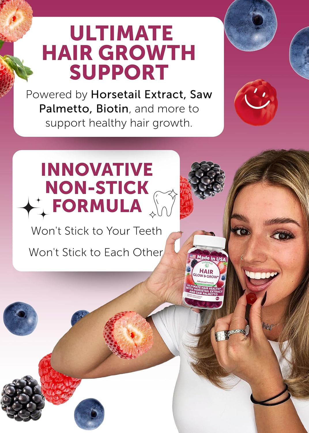 Lunakai USA-made Super Hair Gummies with Biotin, Zinc, Horsetail Extract & Saw Palmetto – Hair Growth Vitamins for Women & Men, 60 Gummies - görsel 3