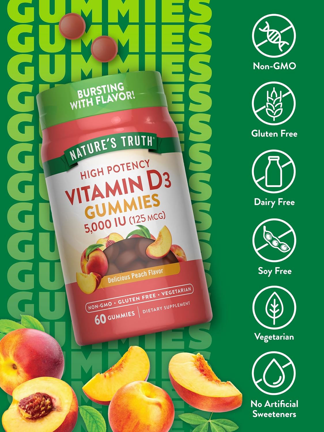 Nature's Truth Vitamin D3 Gummies - 5000 IU, 60 Count, Peach Flavour - görsel 3