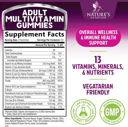 Nature's Nutrition Multivitamin Gummies for Adults with Vitamins A, C, D, B12 – 60 Gummies