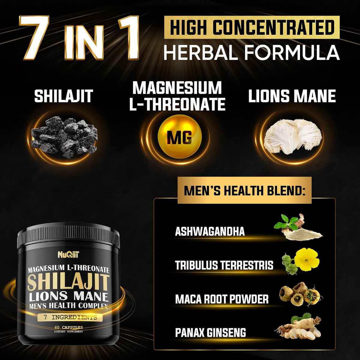 NUQIIT Shilajit Men’s Health Complex with Magnesium, Lion’s Mane, Ashwagandha and Maca Root – 60 Vegan Capsules - görsel 3
