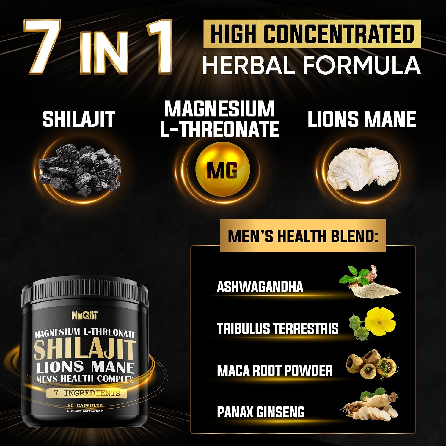 NUQIIT Shilajit Men’s Health Complex with Magnesium, Lion’s Mane, Ashwagandha and Maca Root – 60 Vegan Capsules - görsel 3