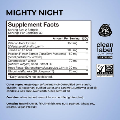 HUM Mighty Night Night-time Sleep Supplement for Skin care, CoQ10, Valerian Root & Ferulic Acid, 60 Vegan Softgels