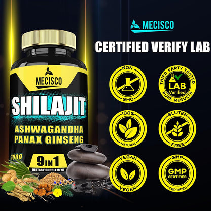 9in1 Shilajit Pure Himalayan Organic with Ashwagandha Root, Panax Ginseng, L-Arginine, Chaga & More – 210 Capsules