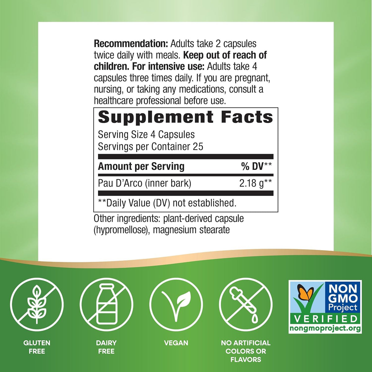 Nature's Way Pau d'Arco Inner Bark, Traditional South American Herb, 2,180 mg per 4-Capsule Serving, 100 Capsules - görsel 5