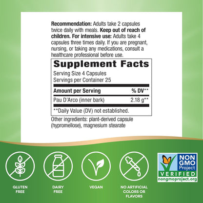 Nature's Way Pau d'Arco Inner Bark, Traditional South American Herb, 2,180 mg per 4-Capsule Serving, 100 Capsules