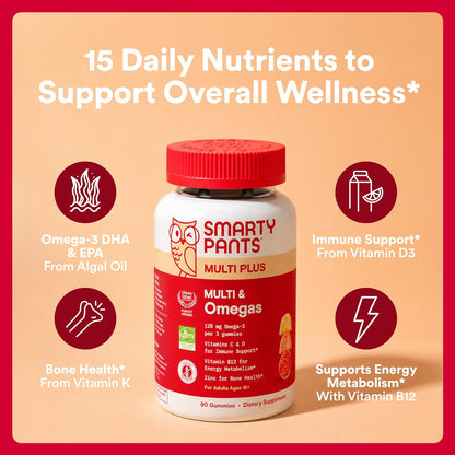 SmartyPants Plus Multi & Omegas Adult Multivitamin Gummies, 90 Gummies