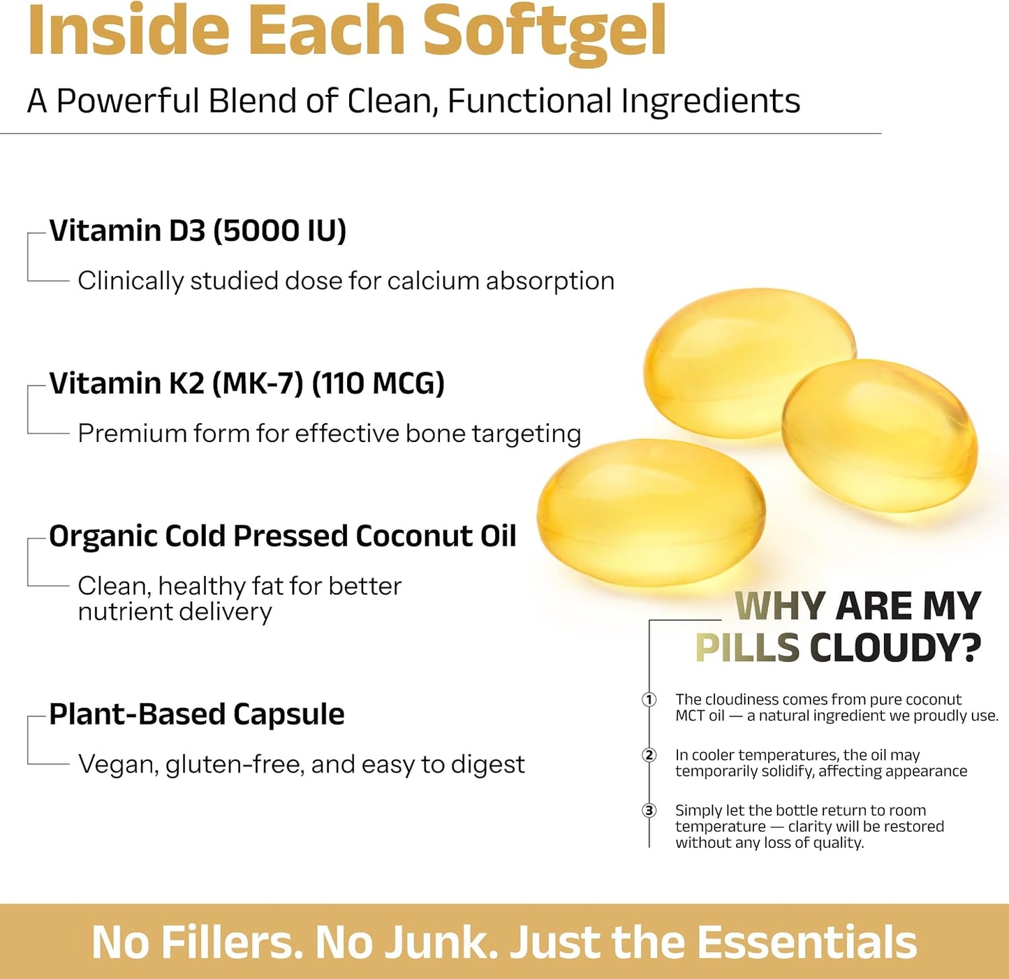 Biosyntra Vitamin D3+K2 with Coconut Oil - 5000 IU D3 & 110mcg MK-7 - Bone & Immune Support - 60 Veggie Soft gel capsules - görsel 3