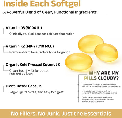 Biosyntra Vitamin D3+K2 with Coconut Oil - 5000 IU D3 & 110mcg MK-7 - Bone & Immune Support - 60 Veggie Soft gel capsules