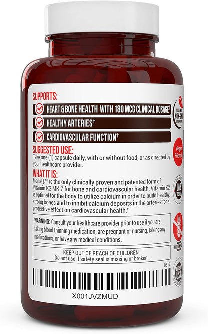 Vitamin K2 MK-7 Supplement 180mcg – MenaQ7 for Bone Health & Normal Blood Clotting, 60 Veggie Capsules
