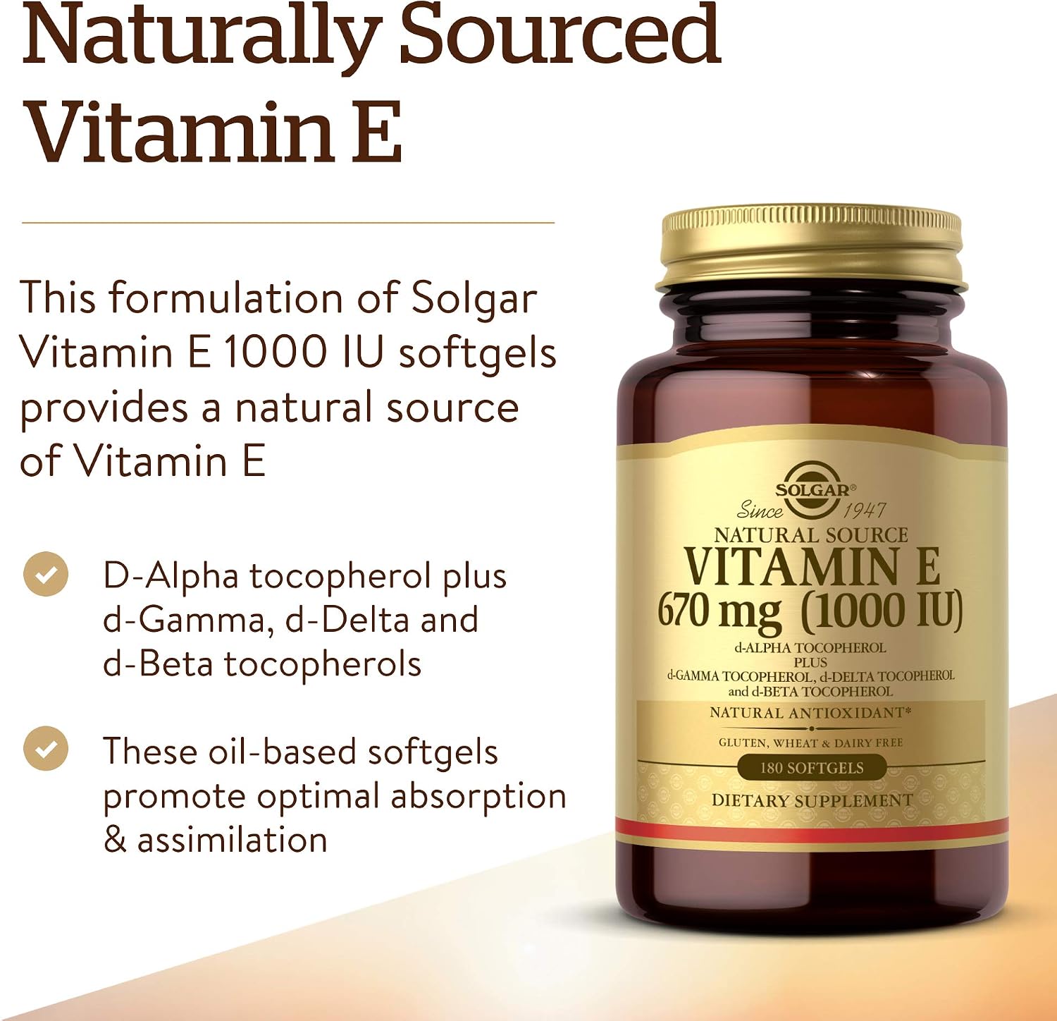 Solgar Vitamin E 670 mg (1000 IU), 180 Softgels – Natural Antioxidant, Skin & Immune System Support – Naturally-Sourced Vitamin E – Gluten-free, Dairy-free – 180 Servings - görsel 3