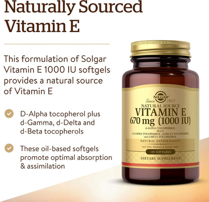 Solgar Vitamin E 670 mg (1000 IU), 180 Softgels – Natural Antioxidant, Skin & Immune System Support – Naturally-Sourced Vitamin E – Gluten-free, Dairy-free – 180 Servings