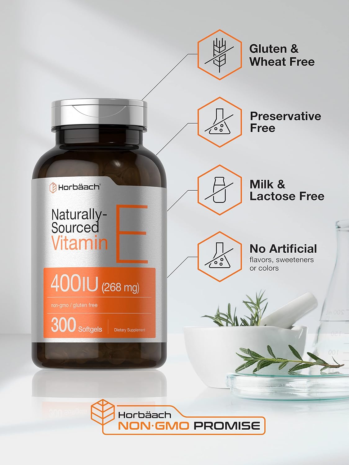 Horbäach Vitamin E Supplement | 400 IU (268mg) | 300 Soft gel capsule Capsules | d-Alpha Tocopherol | Non-GMO & Gluten-free Formula - görsel 4