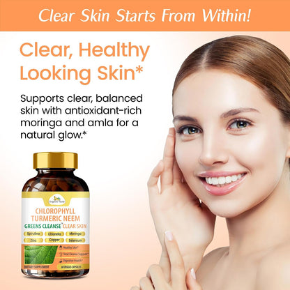 Organic Veda Chlorophyll Turmeric Neem Clear Skin Supplement - Greens Cleanse for Clear Skin, Zinc with Copper Women's Beauty Supplement - Chlorophyll Capsules for Gut and Liver Support, 60 Capsules