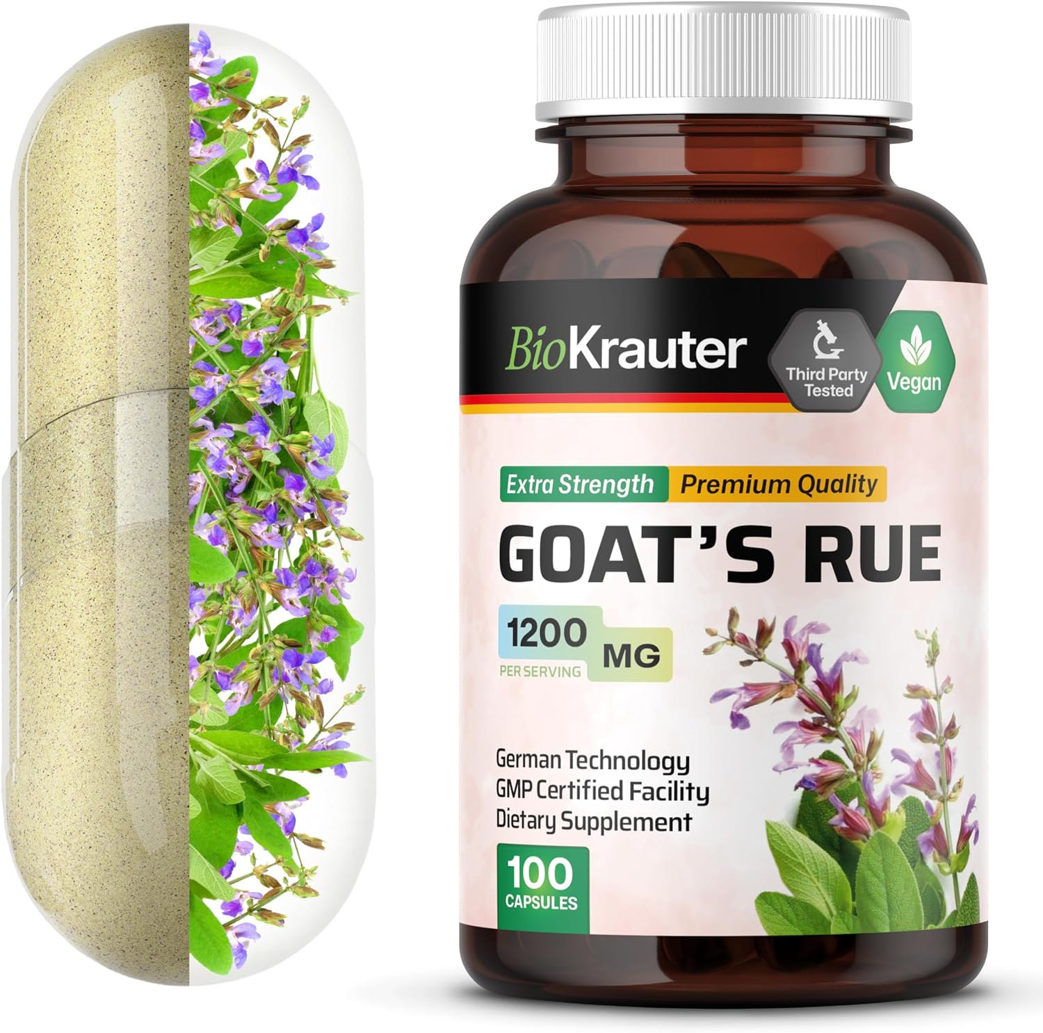 BIO KRAUTER® Goat's Rue for Breastfeeding - Pure Vegan Lactation Supplement - 100 Capsules, 1200 mg per Serving - görsel 1