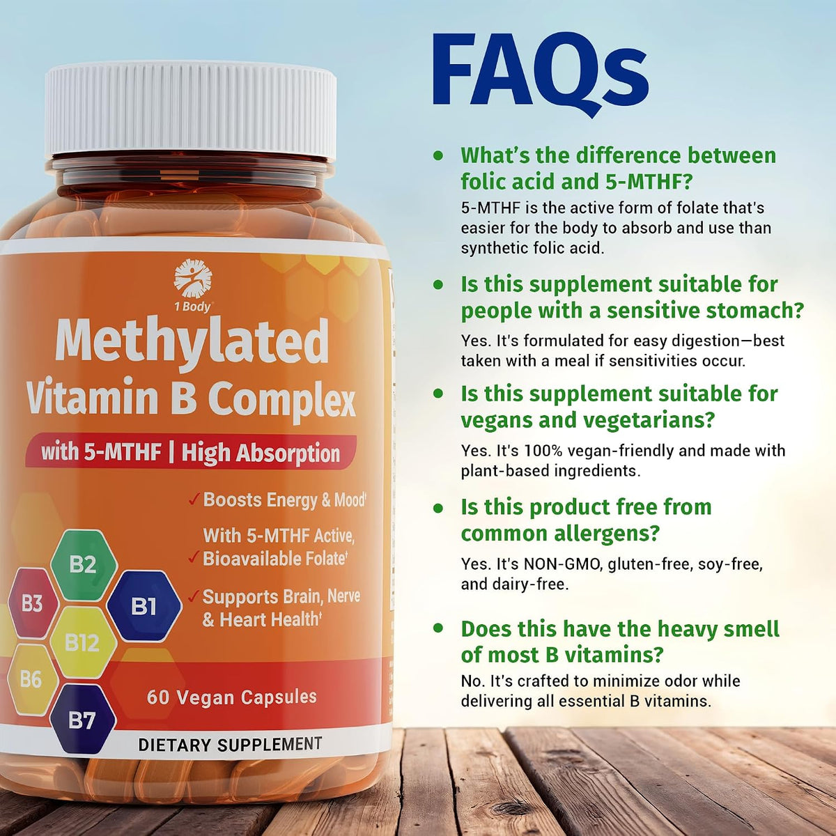 1 Body Methylated B Complex, 5-MTHF Folate & Methyl B12, Twin Pack - görsel 9
