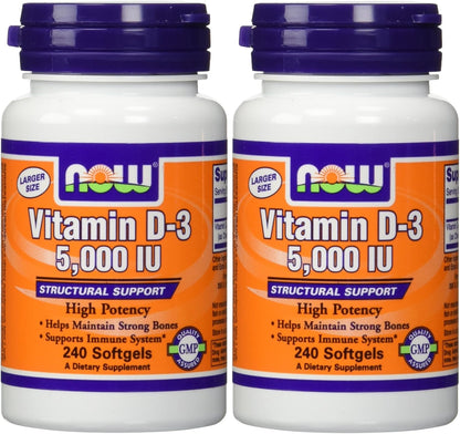 NOW Foods Vitamin D3 5000 IU, 240 Softgels (Pack of 2)