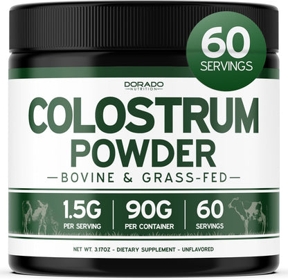 Colostrum Supplement Powder 90g (60 Servings of 1.5g Pure Bovine Colostrum Std. to Contain 20% IgG Immunoglobulins) Grass Fed Powder - No Fillers, Third-party Tested, Unflavoured & Non-GMO