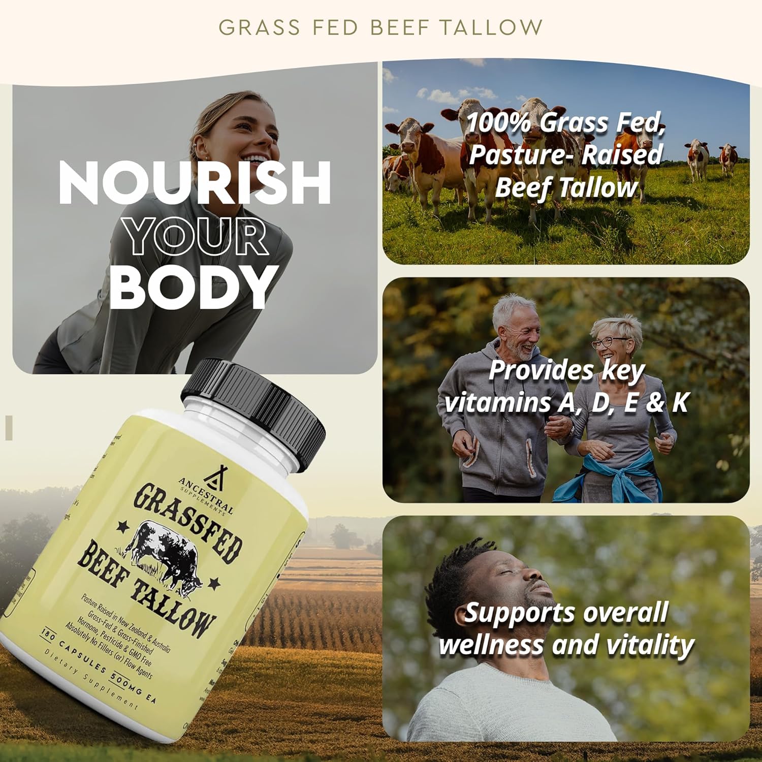 Ancestral Supplements Grass Fed Beef Tallow Capsules, 3000mg, 180 Capsules - görsel 3