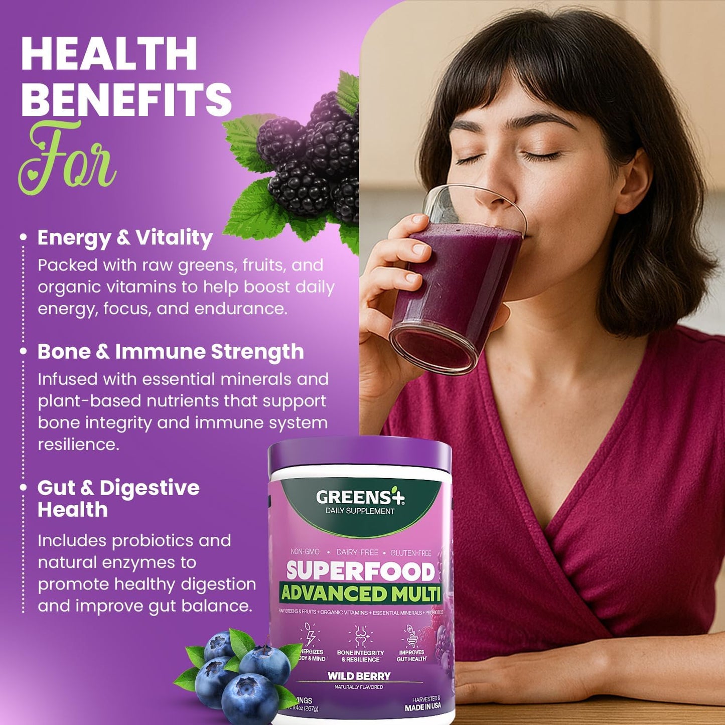 Greens+ Advanced Multi Wild Berry Superfood Powder - görsel 4